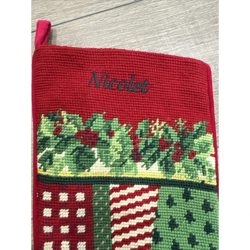 Land's End Vtg Needlepoint Christmas‎ Stocking Patchwork Customize NICOLET 18